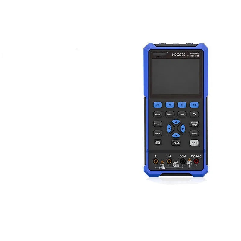 Owon HDS272 handheld digital oscilloscope with probes and accessories on workbench