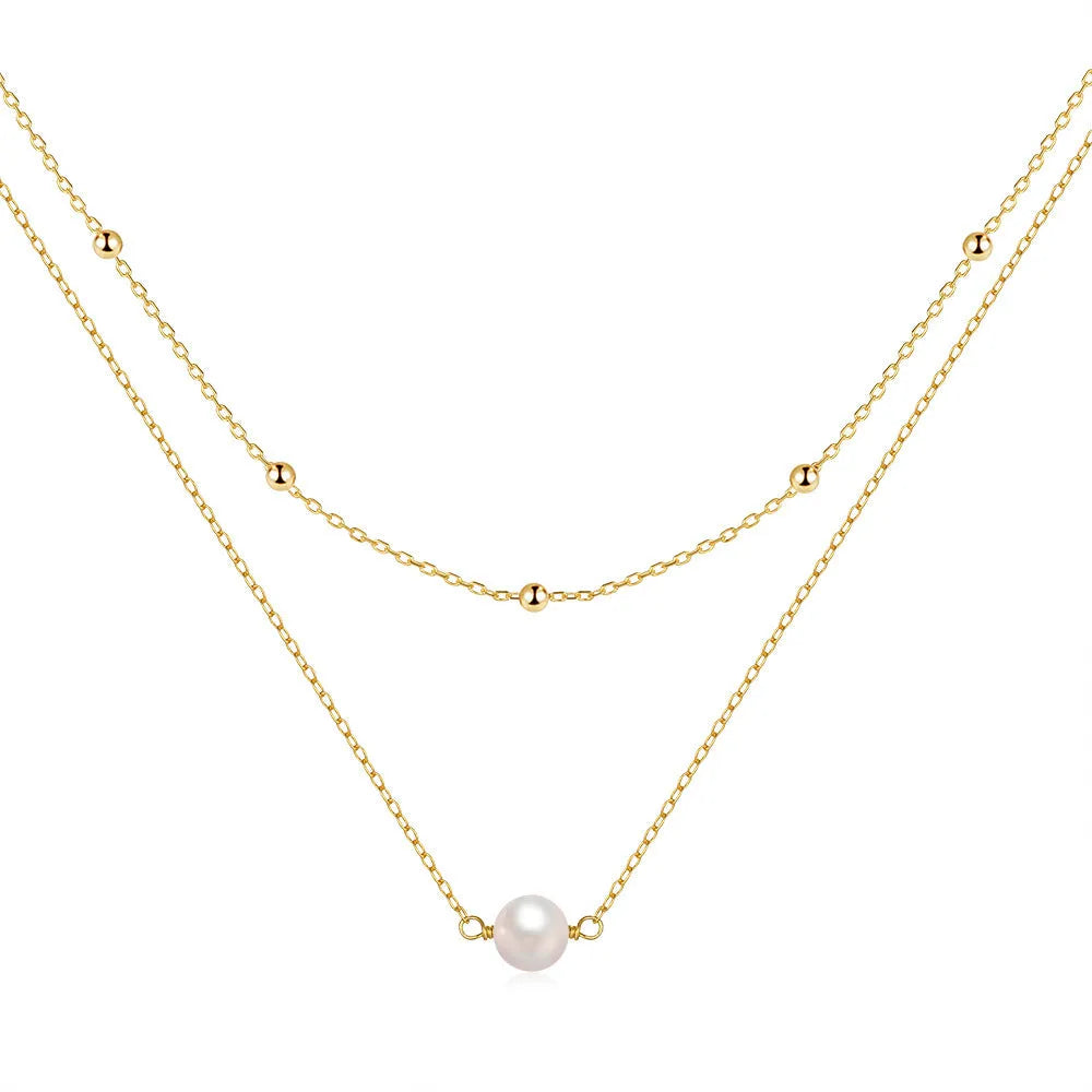 Women's sterling silver double layer twin pearl necklace with a ball bead chain in gold colour.