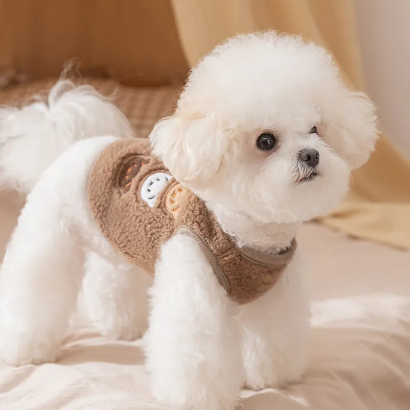 Brown fleece dog jacket with beige white and brown bear embroidery on side, side-button closure, small embroidered pocket, for small breeds