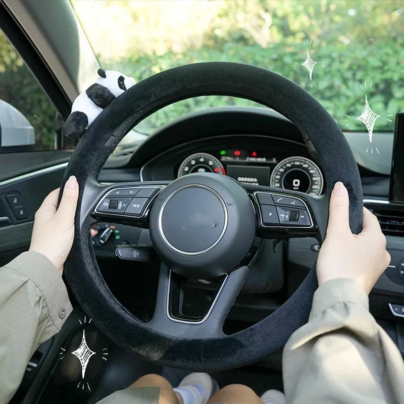 Black plush panda steering wheel cover and shoulder pad set for winter car comfort