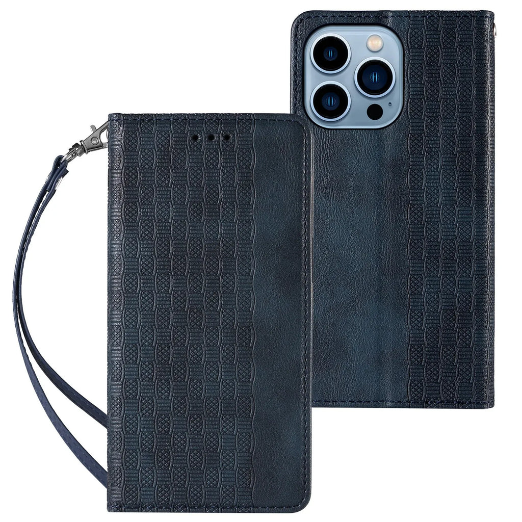 Embossed leather flip phone case for Apple iPhone in black, shown open and closed.