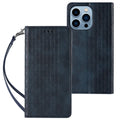Embossed leather flip phone case for Apple iPhone in black, shown open and closed.