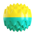 Blue or orange rubber dog ball with spiky surface for dental cleaning and squeaker inside