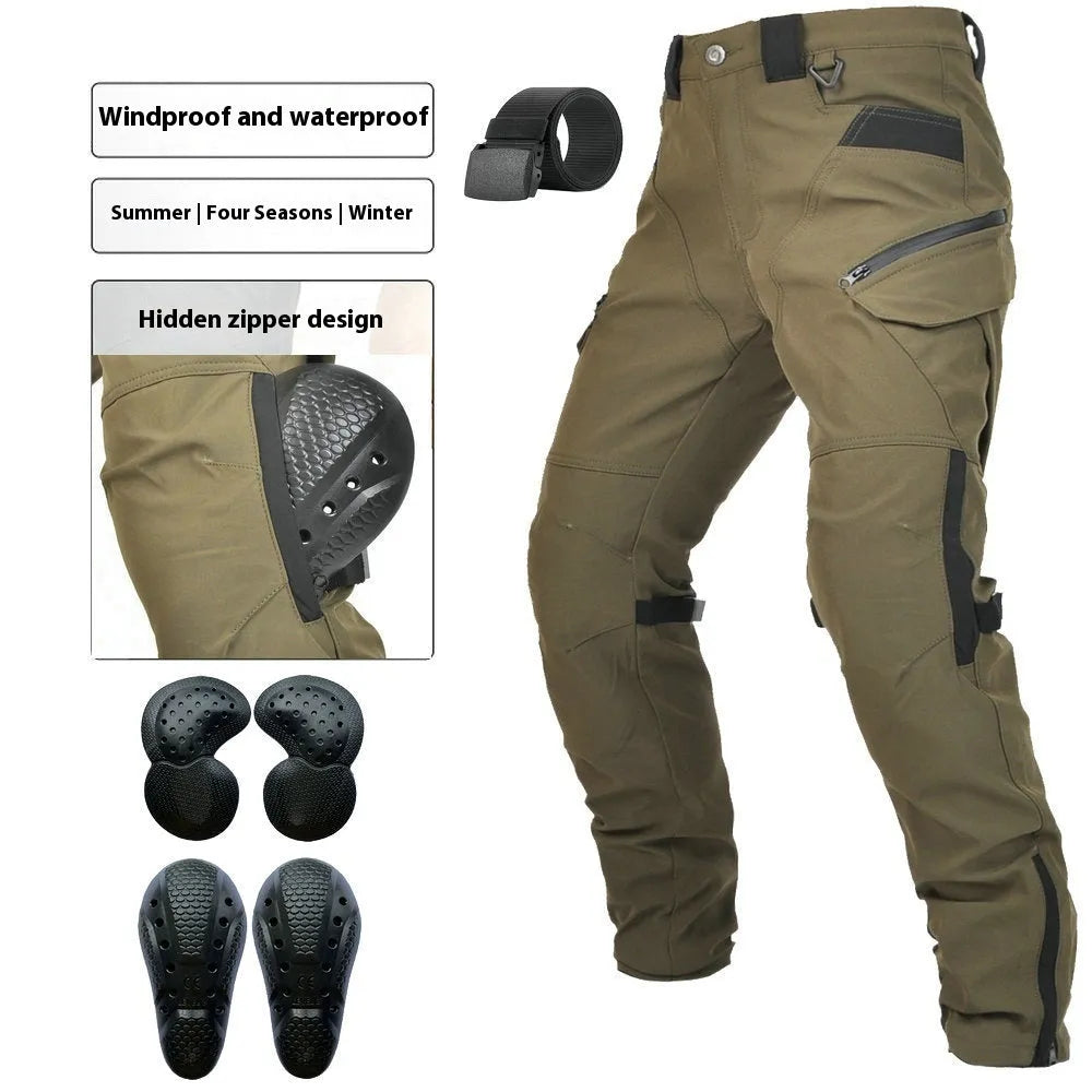 Motorcycle waterproof windproof cycling trousers with removable protective gear in black or green colour