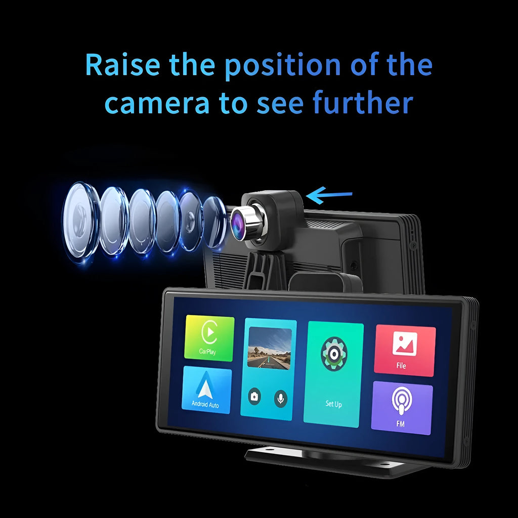 Black 10.26-inch touch screen car DVR with rear camera on a car dashboard