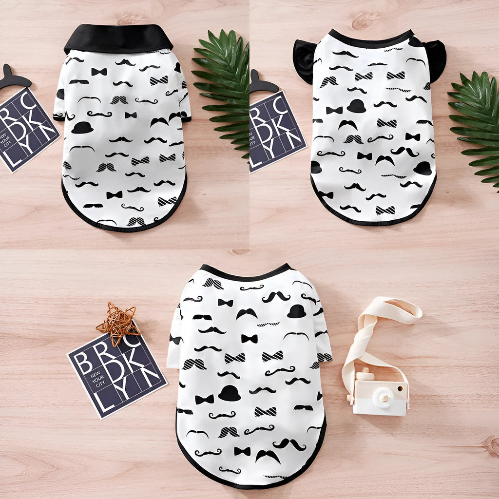 White polyester dog costume with a gentleman beard design, shown on a small dog.