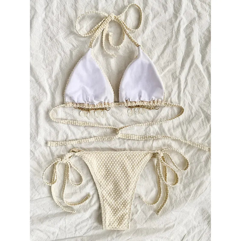 Women's white halter lace-up bikini swimsuit with briefs bottom for beach use