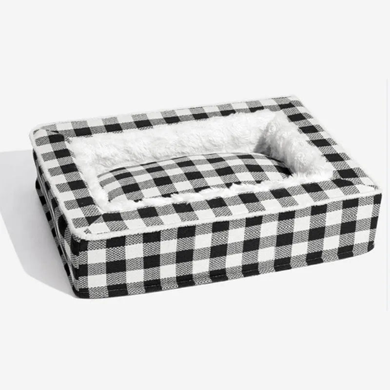 Classic plaid removable dog kennel bed in red tartan pattern showing soft cloth construction