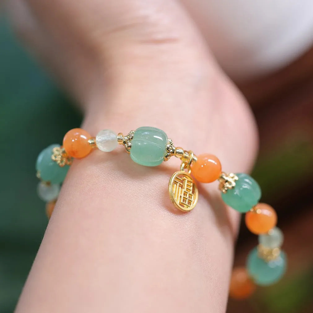 Jinsi Jade Duobao pumpkin bracelet with 9x10mm beads and Prehnite accents for 14-16.5cm wrists