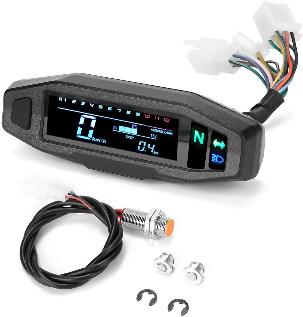 Black motorcycle mini LCD speedometer gauge showing digital readouts for speed, oil level, and RPM