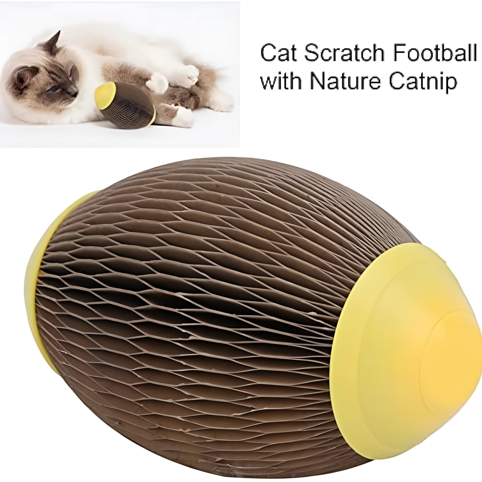 Elliptical corrugated paper catnip ball toy with scratching surface for feline play