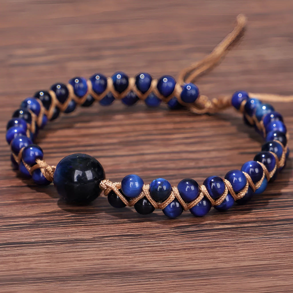 Handmade woven geometric pull bracelet with adjustable sliding knot in blue tiger eye stone