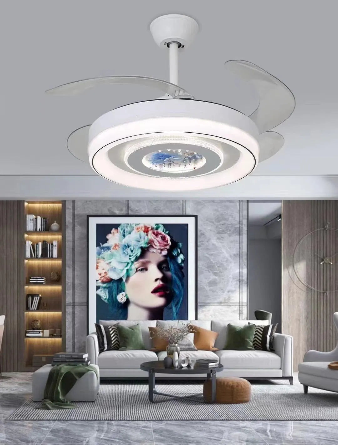 Modern Nordic style ceiling fan with integrated light and decorative ABS blades.