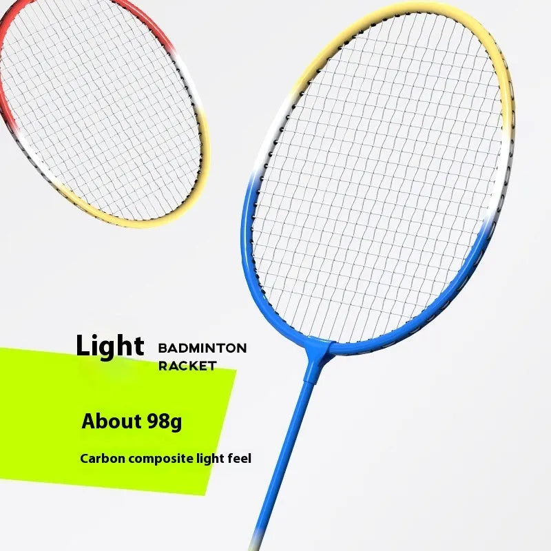 A pair of blue and red lightweight alloy badminton rackets with a split-frame design.