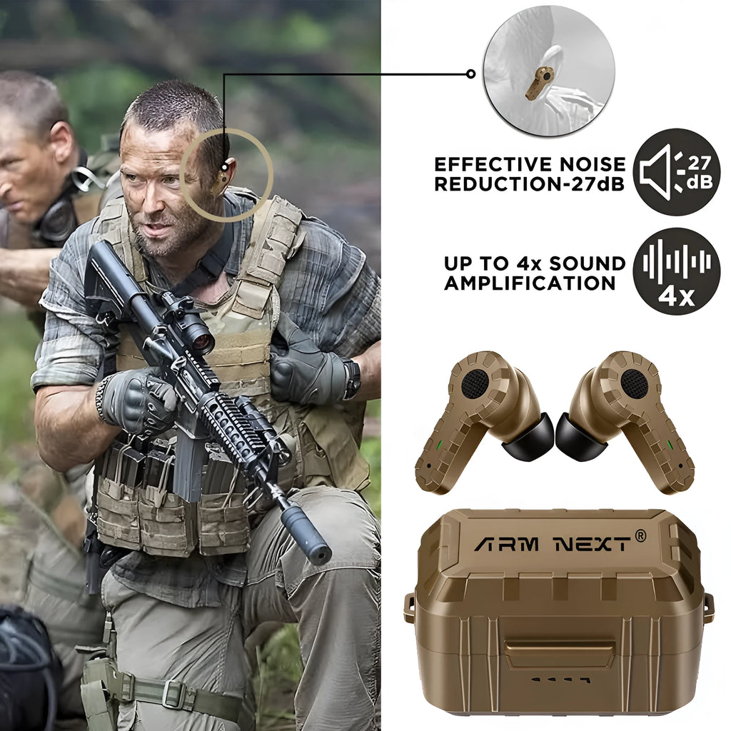 Tactical noise reduction earplugs in green, black, and mud colours with rechargeable pickup hearing for shooting and industrial use