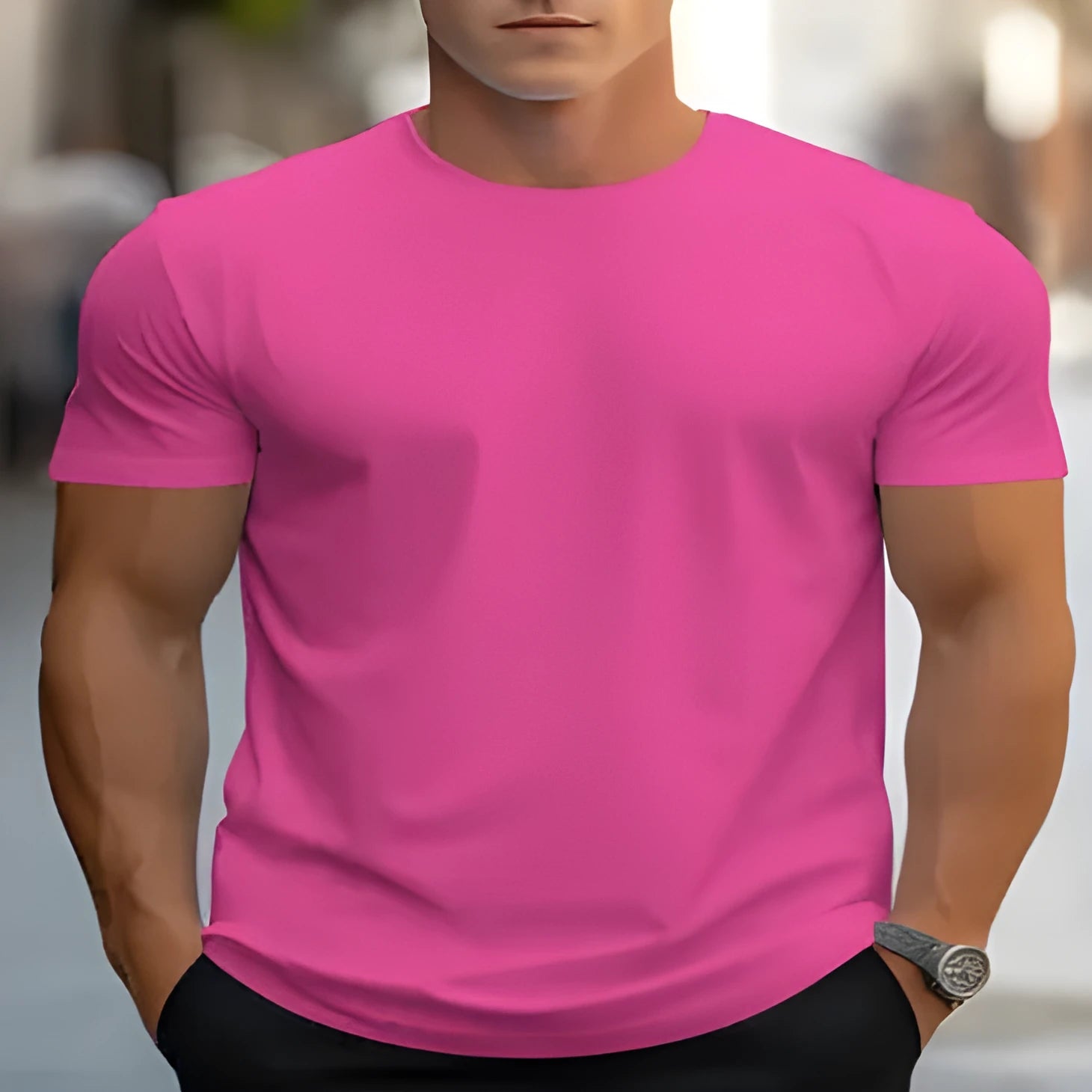 Men's loose fit short sleeve printed T-shirt on a hanger, showing the customised design and round neck.