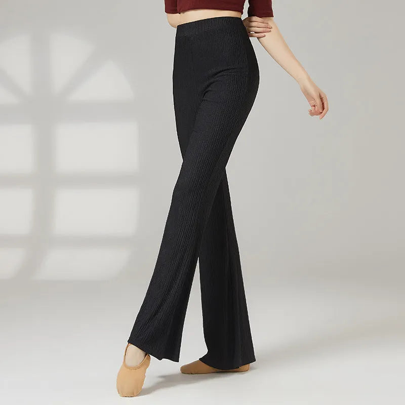 Female classical dance practice pants in polyester fabric showing five colour options including beige apricot and taro purple