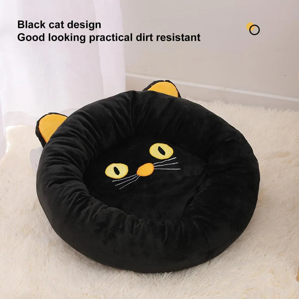 Black cat shaped velvet pet nest bed with raised edges for feline head and neck support