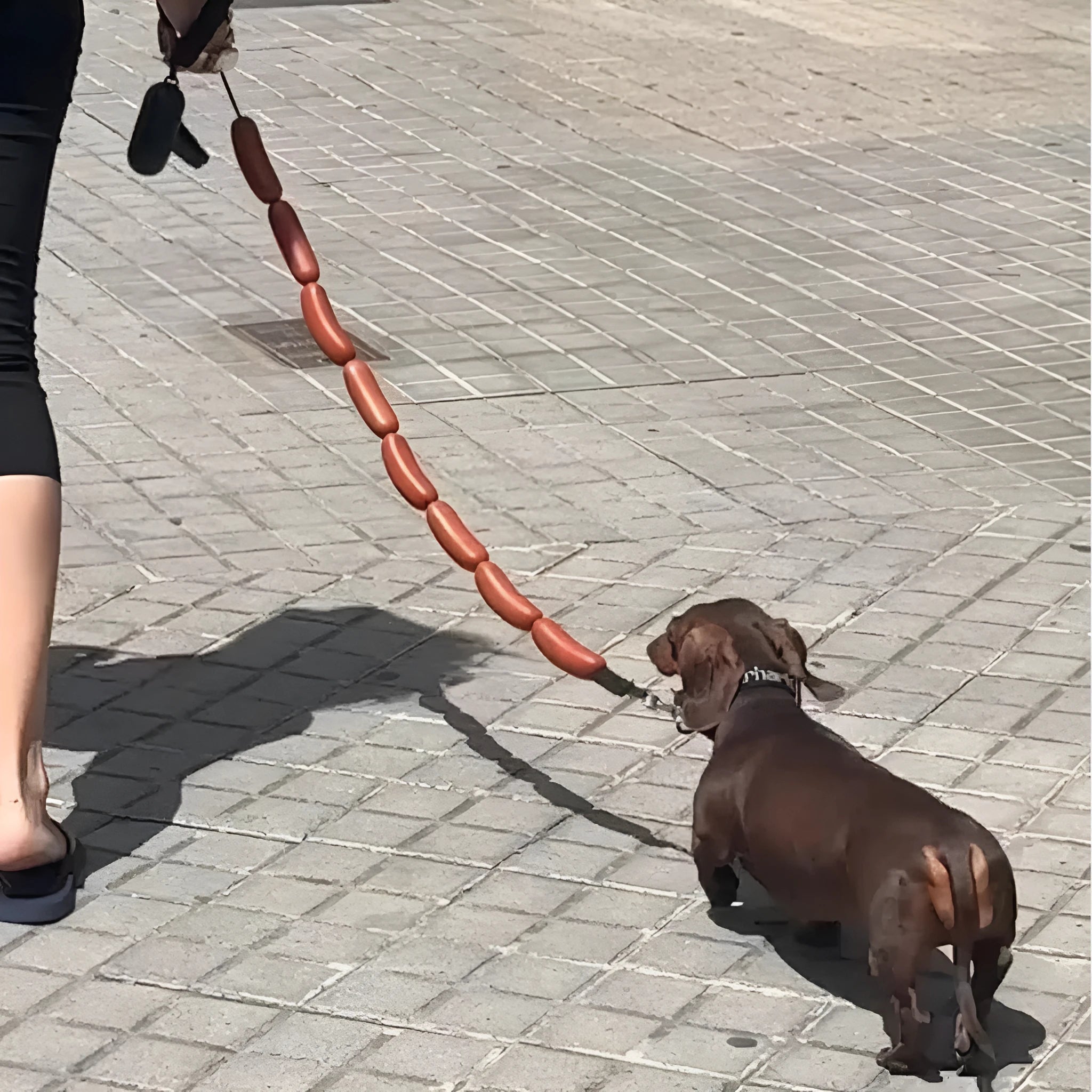 Brown cotton rope dog chew toy with sausage segments and hand grip, total length 108cm