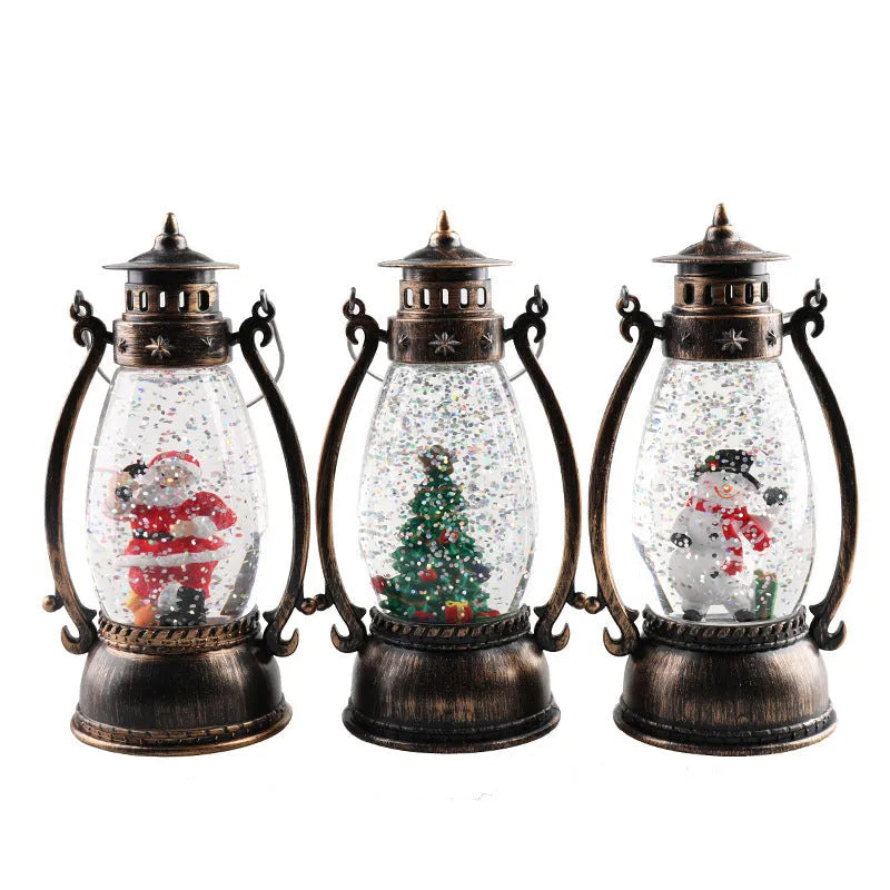 Crystal ball oil lamp Christmas ornament with light-emitting snowman scene on desktop