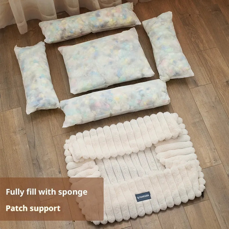 Square dog bed in grey or white striped cloth, available in sizes S to XL, with XL measuring 90cm x 68cm x 21cm