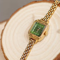 Women's square copper strip watch with green dial and gold strap, 7mm thick, Chinese style