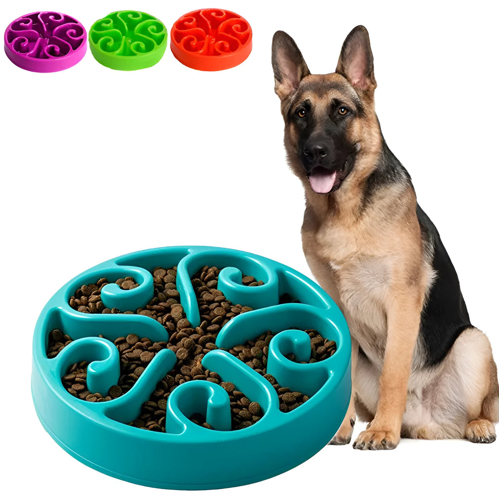 Non-slip plastic slow feeder dog bowl with maze pattern design in multiple colour options