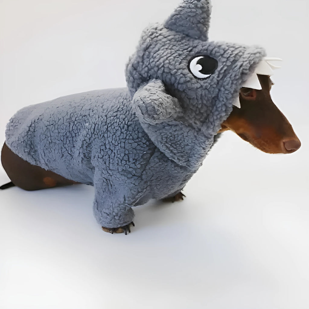 Grey shark fleece-lined hooded pet sweater for small dogs and cats, sizes XS to XL