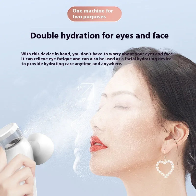 White rechargeable hot and cold compress eye massager device with included eye mask and charging cable on a plain background.