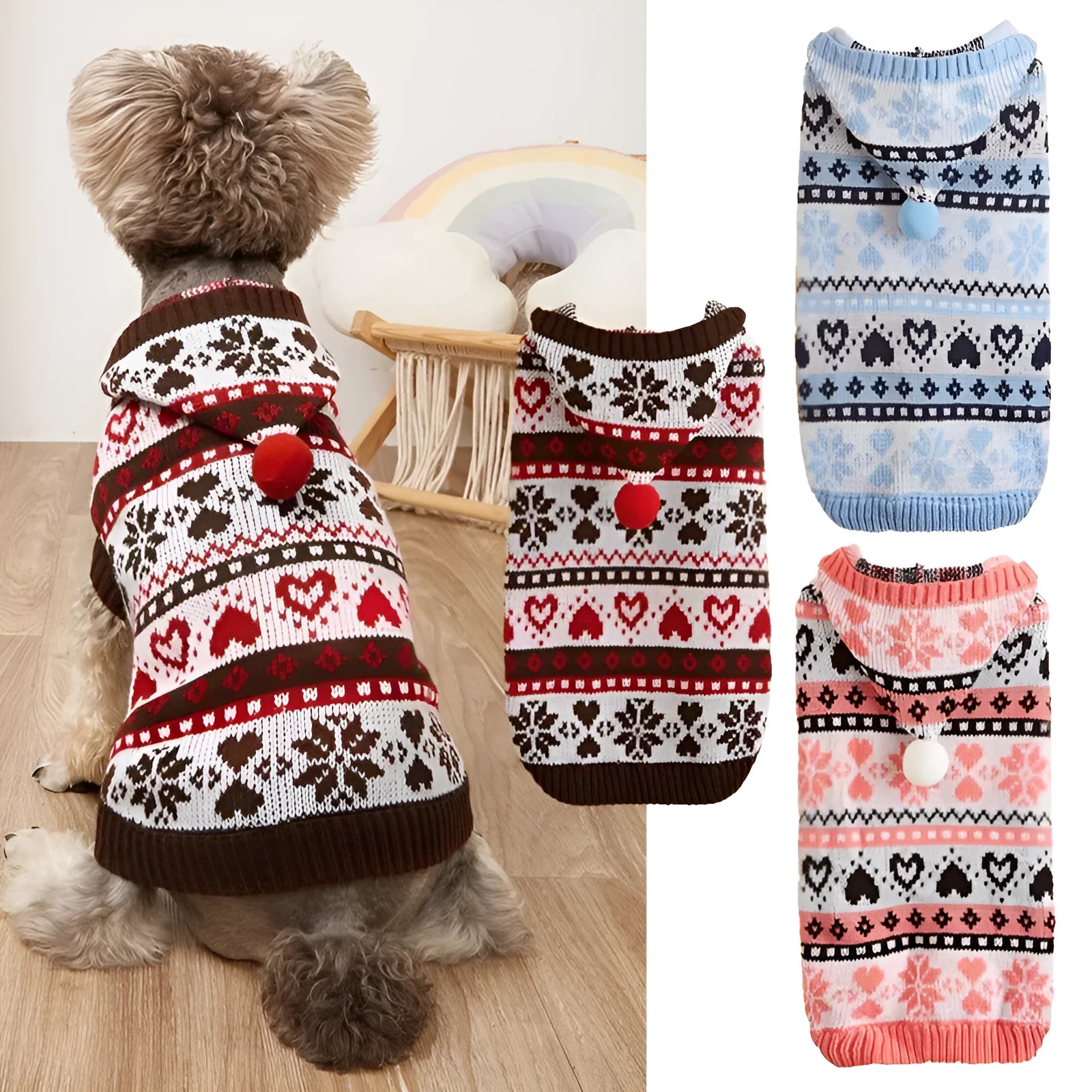 Pink, blue, and grey striped camouflage snowflake pattern knitted dog sweater for small dogs.