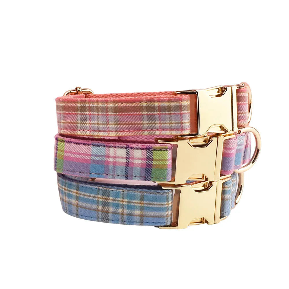 Plaid pattern cloth dog collar and lead set with matching bow and vest for special occasions