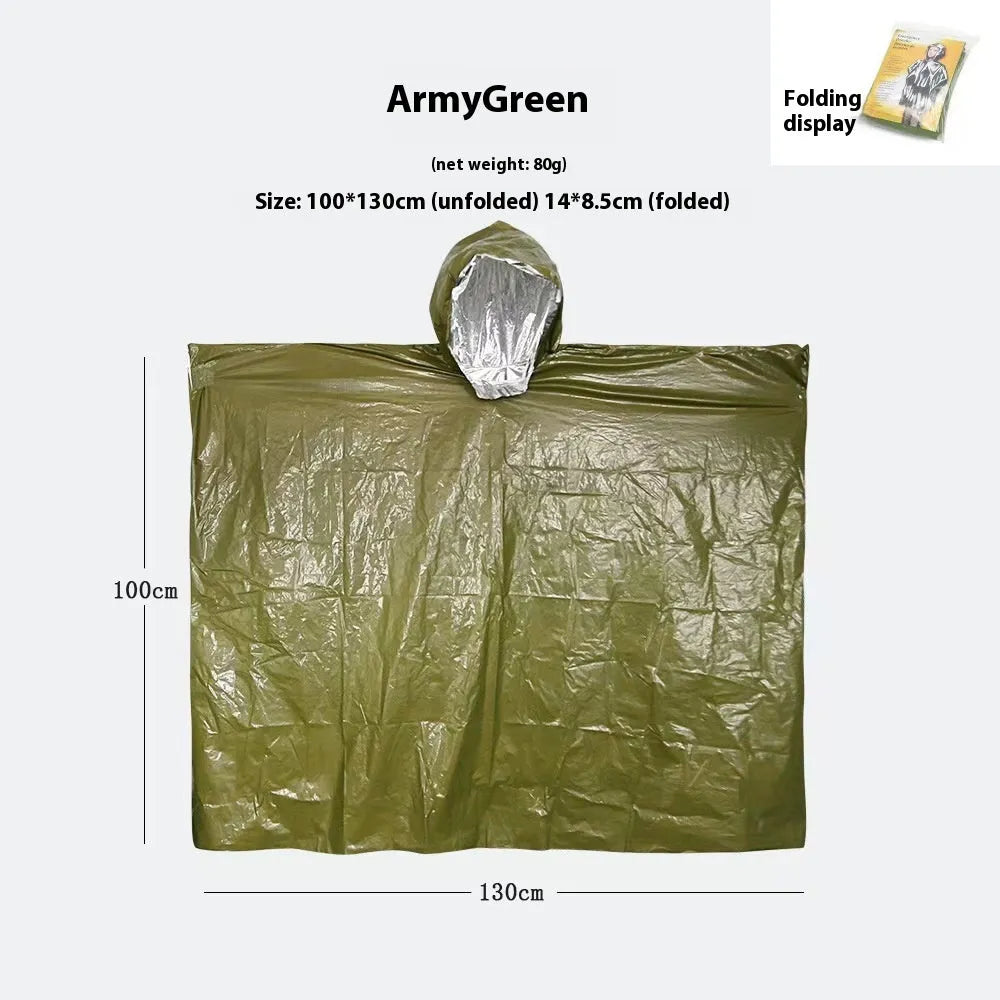 Marathon one-person raincoat in orange or army green, laid flat showing 100x130cm dimensions.