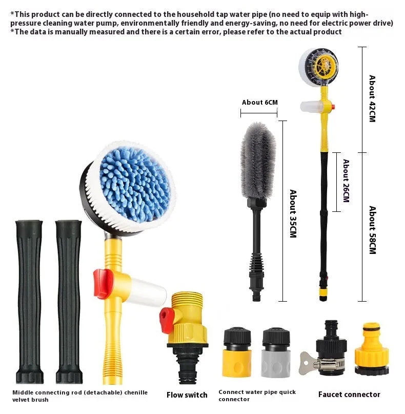Bright yellow car wash mop cleaning tool with a long hose and a brush head featuring chenille and outer plastic bristles.