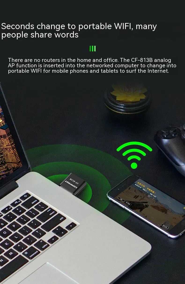 Black USB mini network card adapter with nickel-plated wolf tooth connector for Bluetooth and dual band AP connectivity