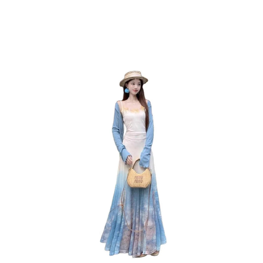 High waist fishtail midi dress with sleeveless cut, princess sleeves, and suspender dress styling in spandex, sizes S M L.