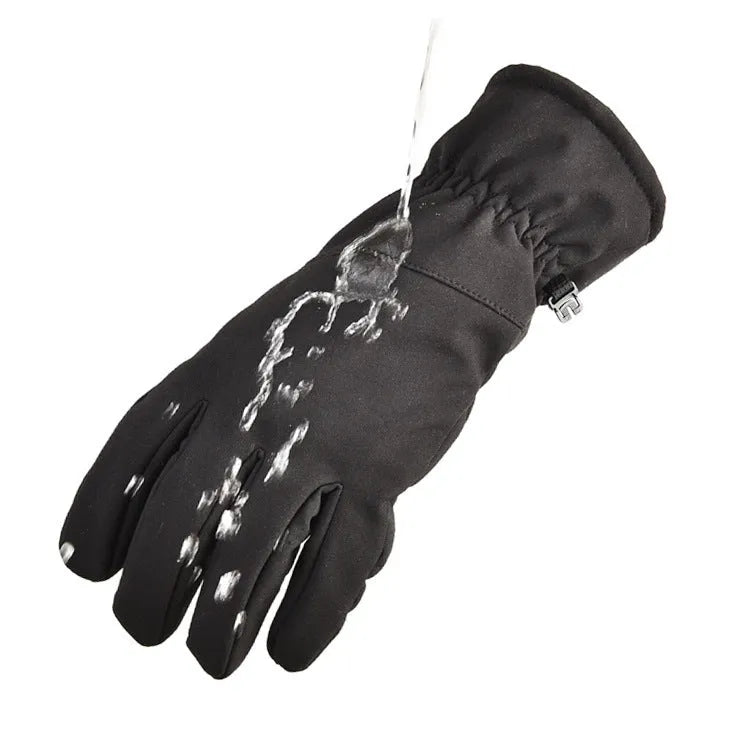 A pair of tactical-style nylon ski gloves with touchscreen fingertips and anti-slip palm grip.