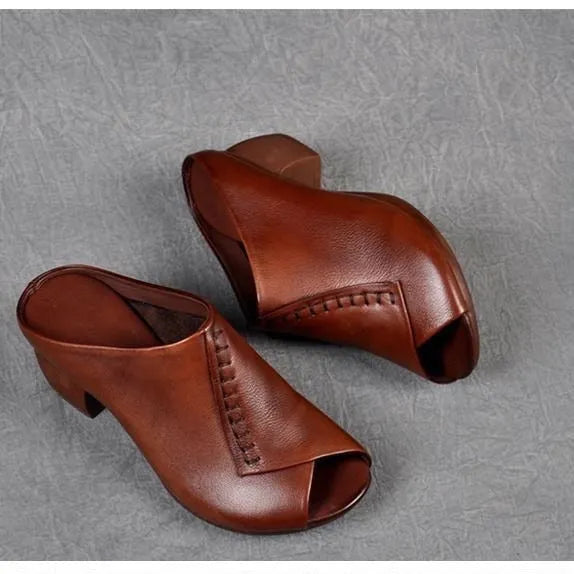 Women's black square heel peep toe slippers with fish mouth scaffold design