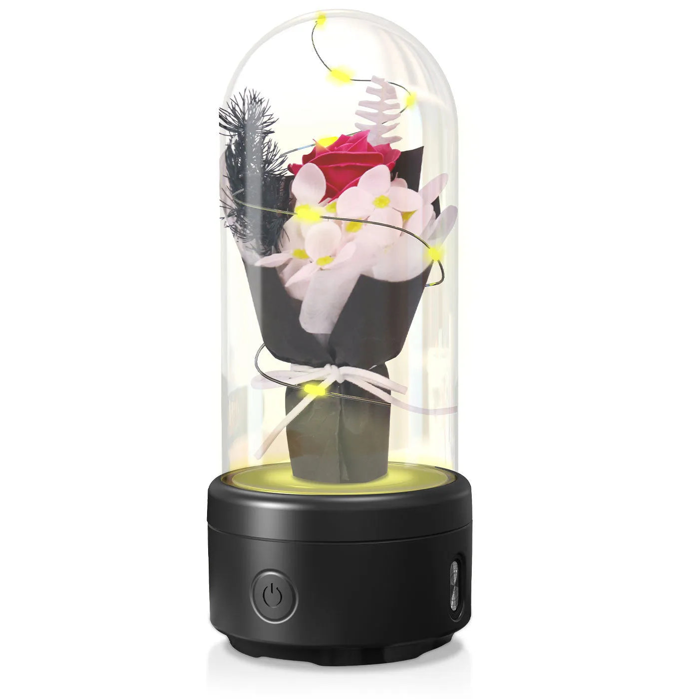 LED bouquet night light with Bluetooth speaker inside a glass cover on a black base.