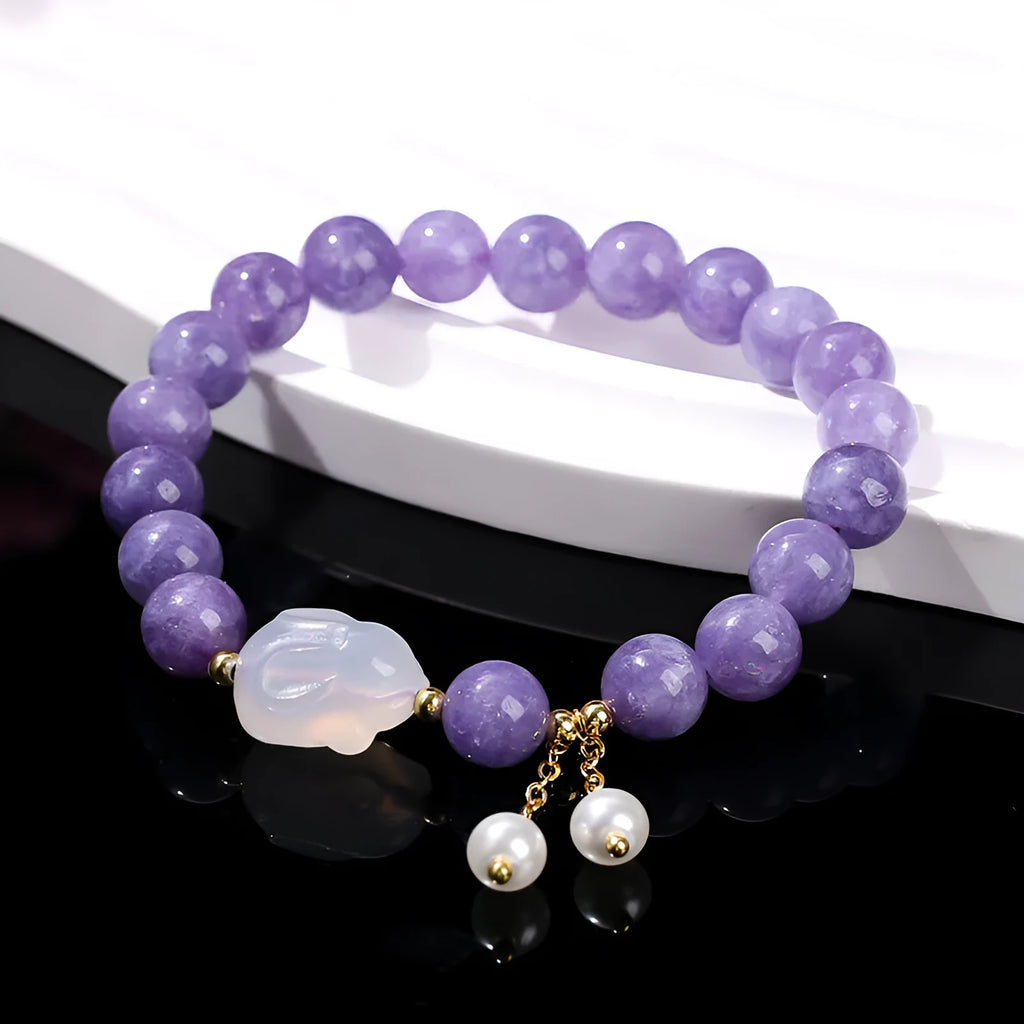 Purple aquamarine agate rabbit bracelet with 6mm, 8mm, 12x16mm geometric round beads