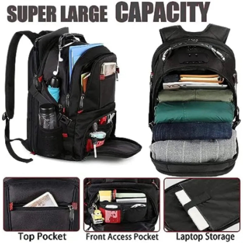 Large USB backpack in black with curved shoulder straps and waterproof Oxford cloth construction