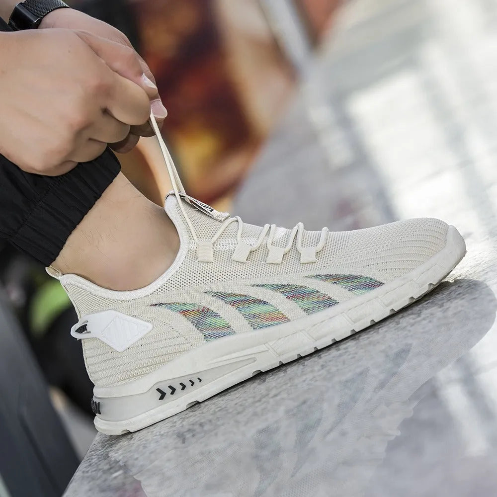 Low-top mesh sneaker with plastic sole in black colour showing striped pattern and flat heel design