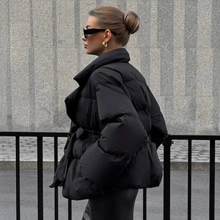 Waist-controlled lace-up lapel long sleeve jacket in black and white, polyester drawstring style