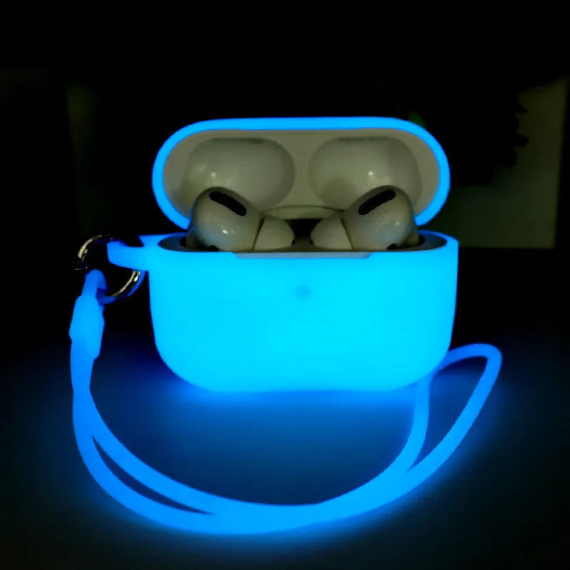 Luminous silicone AirPods case with integrated carrying strap in blue colour