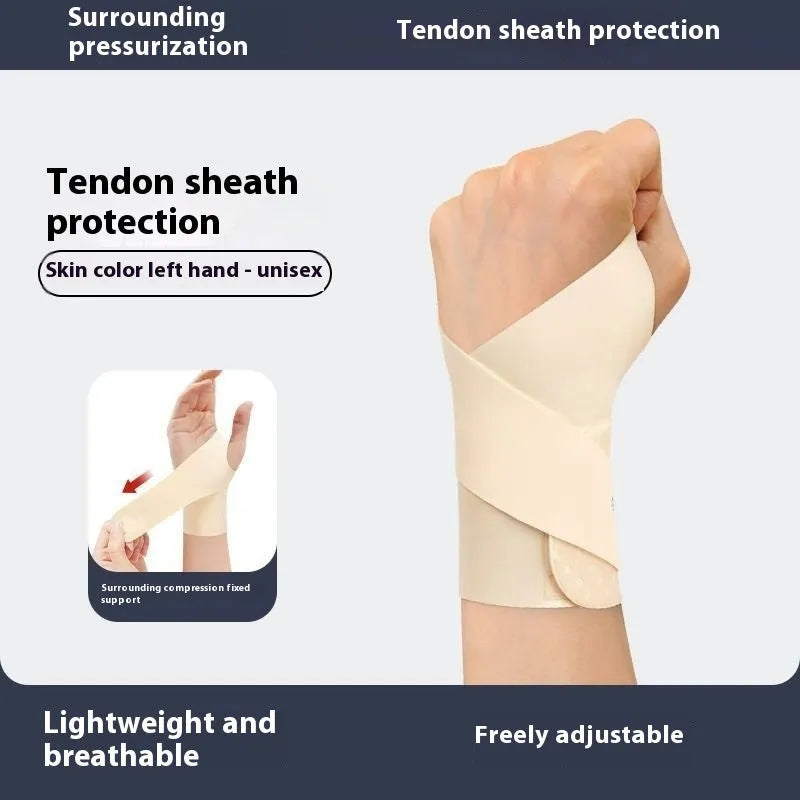 Adjustable black athletic wristguard for wrist support during sports like tennis and badminton.