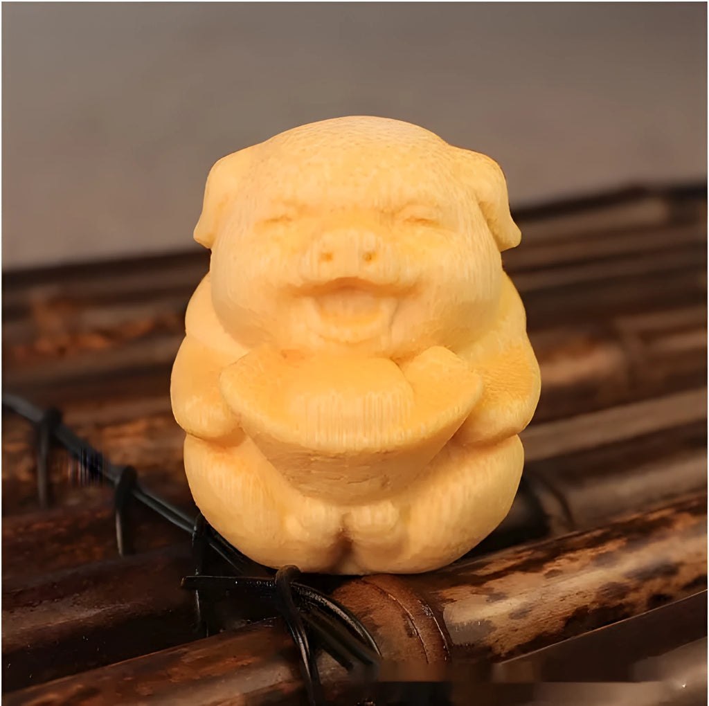 Solid bamboo carving ornament with ingot-shaped pig design measuring 4cm height