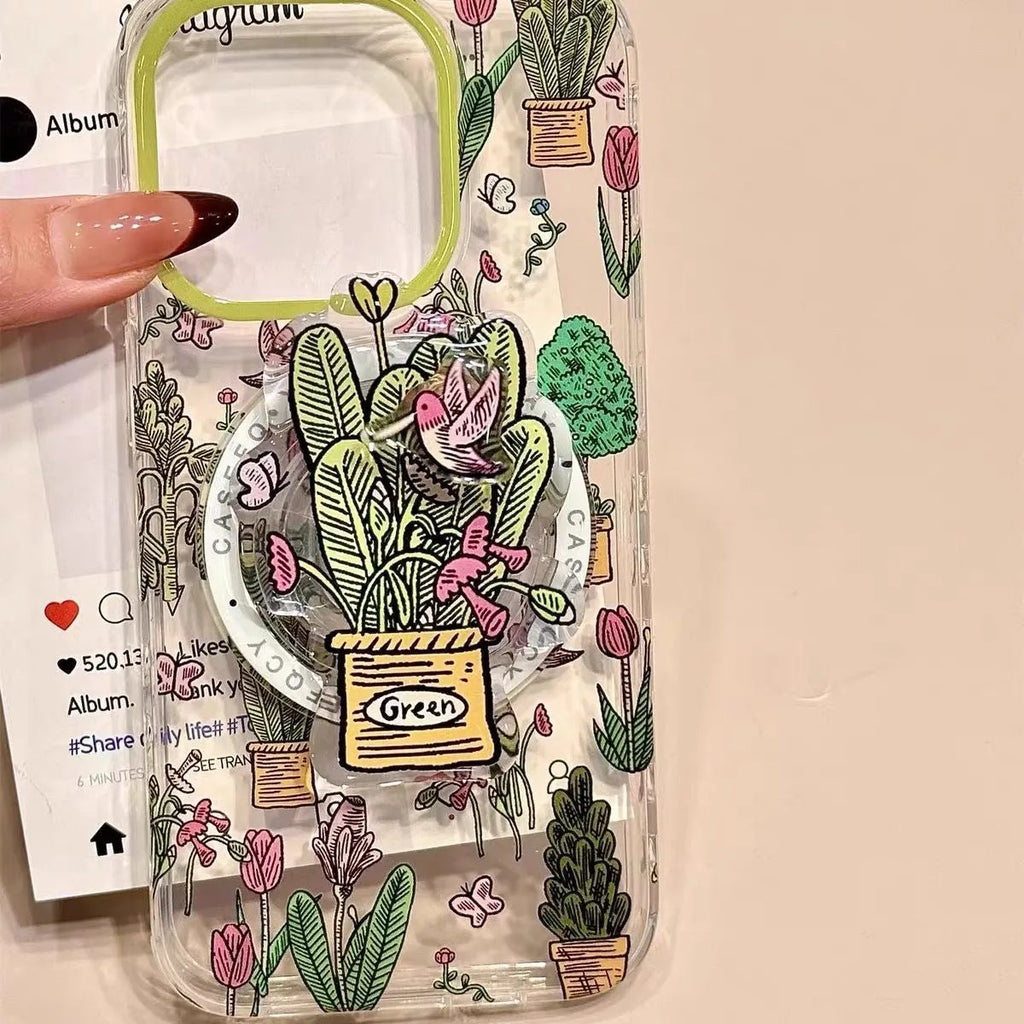 Retro oil painting jungle bird magnetic suction phone case in green tree design for Apple iPhone