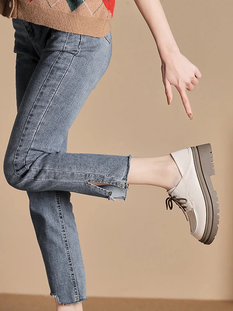 Deep cut thick heel lace-up shoes for women in apricot colour with 5cm heel and superfine fibre upper