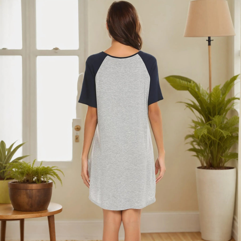 Women's patchwork nightdress with contrasting navy blue sleeves and floral design on double brushed fabric