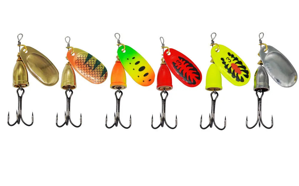 R Composite metal fishing lure with rotating sequins and copper bell in multiple colour options including gold, red, and silver.