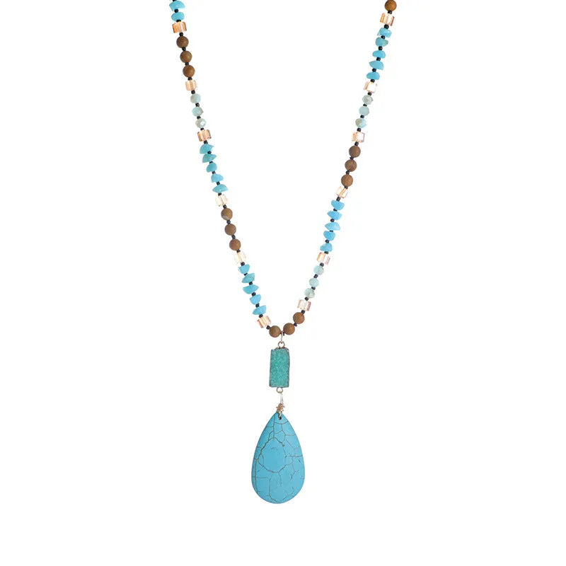 Turquoise water drop pendant necklace with mixed gem inlay and ball bead chain